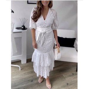 ZARA NWT WOMAN $169 BELTED EMBROIDERED MIDI DRESS OYSTER WHITE | 2796/979 S,M